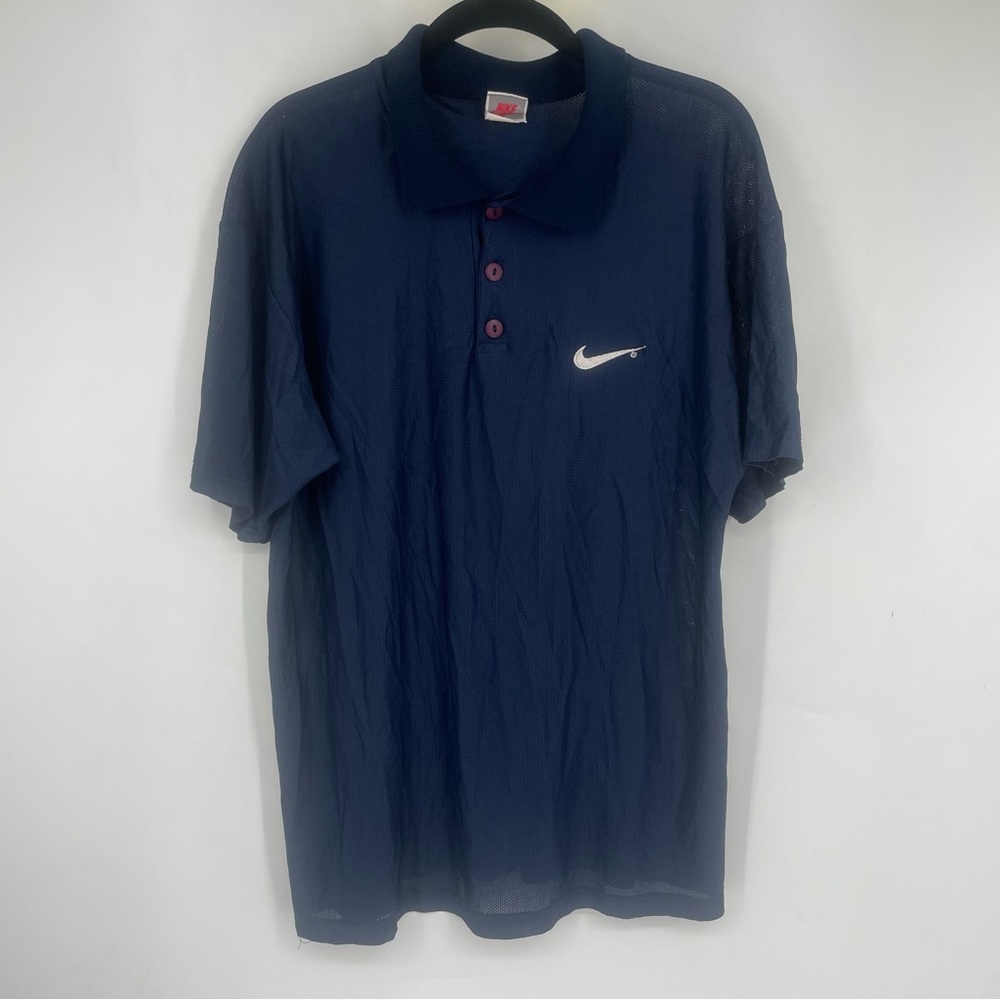 Vintage 80s 90s Nike Mens Large Navy Sheer Mesh Polo Shirt Blue Collar USA Made